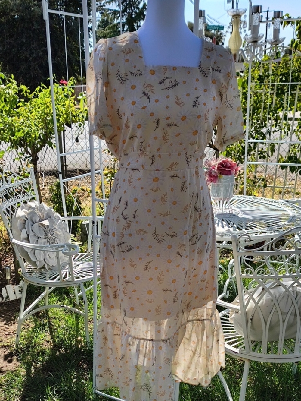 Light Yellow Floral Square-Neck Midi Dress